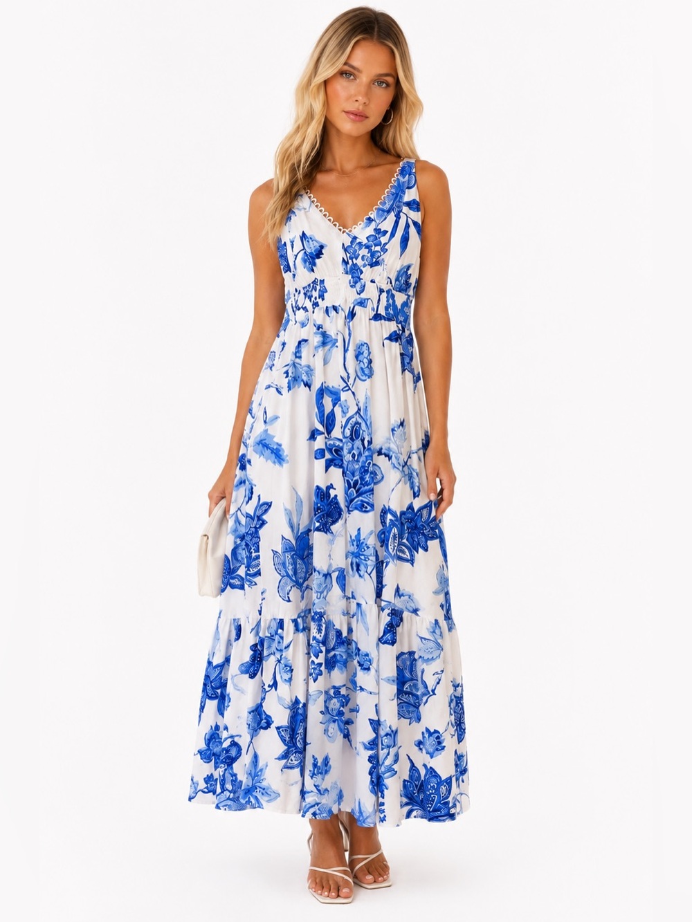 Flying Tomato White Maxi Dress with Blue Floral Print